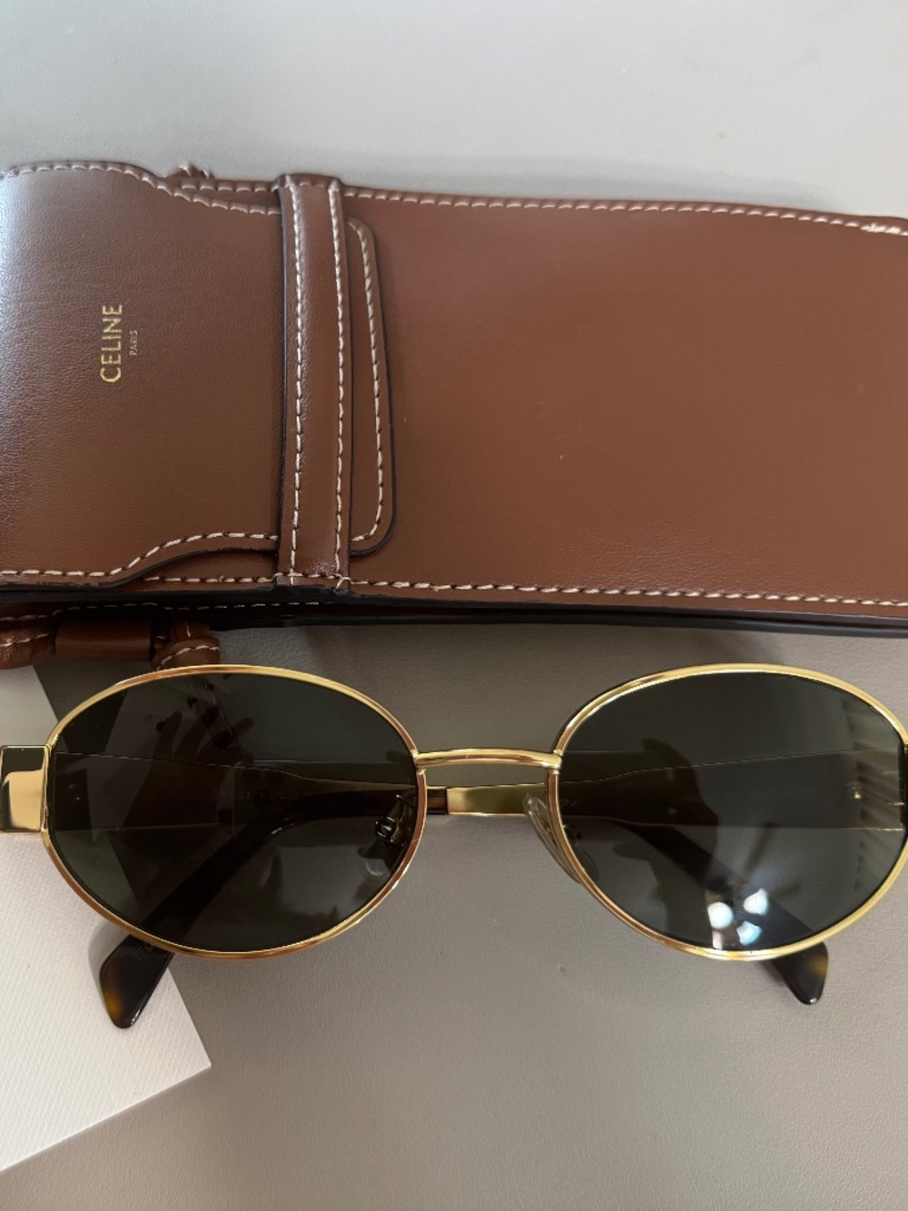 Preowned CELINE Triomphe Metal 01 Oval Sunglasses - Gold / Brown